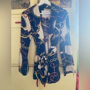 Babaton Navy Blouse with Gold Rope & Red Chain Motif